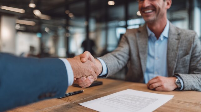 Handshake Agreement: A close-up shot captures two people sealing a deal with a firm handshake, in a modern office, symbolizing cooperation, partnership, and the execution of a contract.