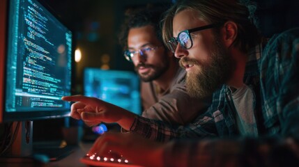Tech Titans: Two skilled programmers collaborate intently, their faces illuminated by the glow of a computer screen displaying complex code. This image embodies the essence of teamwork.