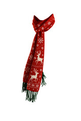 Red Christmas Scarf with Snowflake and Reindeer Pattern &mdash; Festive Knitted Neckwear on Transparent Background
