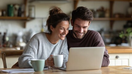 Cozy Home Computer: A young couple shares a warm moment at home, eyes fixed on their laptop, holding mugs and immersed in the shared joy of life. 