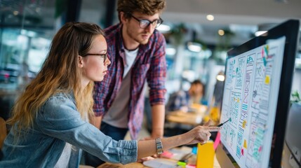 Teamwork in Tech: Two young colleagues, immersed in the tech world, collaborate to perfect a digital design on a large monitor.