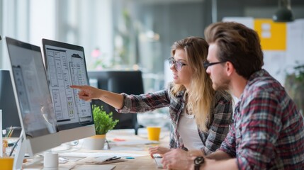 Focused Collaboration: Two professionals, immersed in a project, meticulously analyze data on computer screens, highlighting the essence of teamwork and innovative thinking.