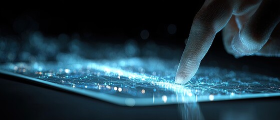 Close-up of a finger touching a glowing, futuristic tablet