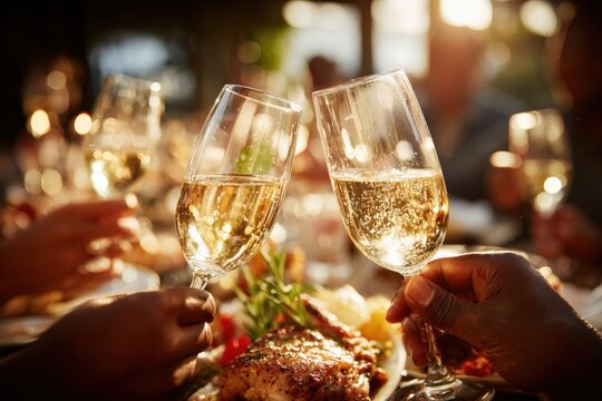 Hands raising glasses of champagne, toasting at a corporate event, celebrating achievements and successes among colleagues and partners