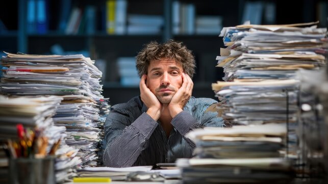 Overwhelmed by Bureaucracy: A person is trapped amidst stacks of documents, capturing the essence of modern-day corporate challenges, bureaucratic stress, and the burden of paperwork