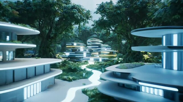 Miniature futuristic buildings with sleek design in a lush jungle setting with neon lights.