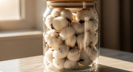 Glass jar filled with fluffy cotton bolls illuminated by warm sunlight creating a soft inviting ambiance