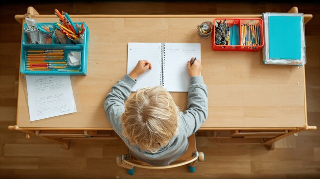 Blond child sitting at a wooden desk, writing in a notebook while focused on studies, captured from a top view perspective