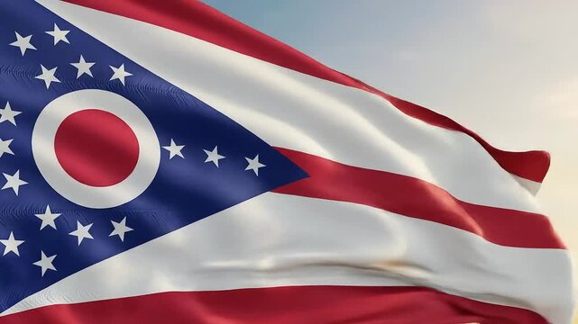 A close-up view of the Ohio state flag waving gently in the breeze, showcasing its design.