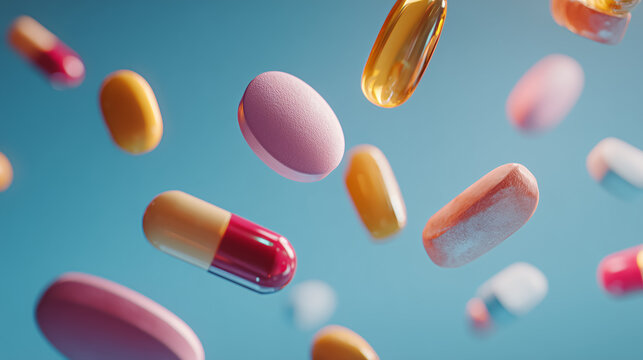 Colorful pills and capsules falling on blue background