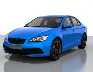 Sleek blue sedan, angled view, glossy finish, reflecting surface