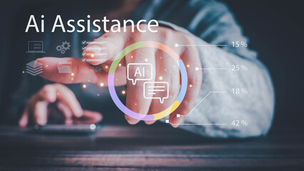 Businessman using AI assistant chatbot on a virtual screen. Hand touching futuristic interface with data analysis chart and business icons for smart digital technology and customer service concept.