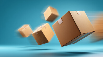 Cardboard boxes flying at high speed on blue background