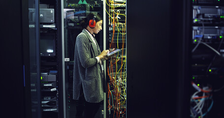 Cybersecurity, testing and woman on tablet for inspection, repair and maintenance in server room. Information technology, programming and IT technician with for engineering, backup and control panel