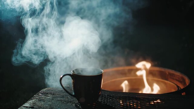 Dark mug of steaming drink sits on wet wood beside a fire at night. Moody, atmospheric scene with blueish gray smoke and orange flames.