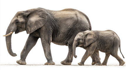 Fototapeta premium Mother elephant and baby elephant walking on white background
