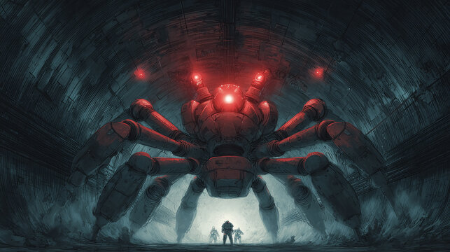Giant spider robot blocking soldiers in tunnel