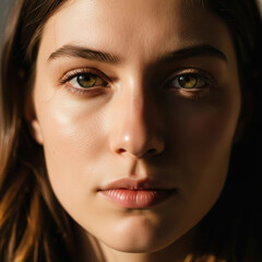Close Up Young Woman Face with Green Eyes Natural Makeup Soft Lighting