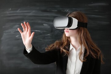 Businesswoman wearing vr headset interacting with virtual reality simulation touching something with her hand
