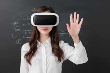 Young woman using vr headset in front of a blackboard with mathematical formulas, experiencing immersive learning