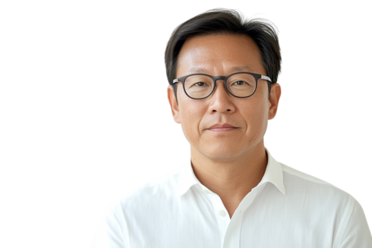 Portrait shows Asian man with glasses on a transparent background. For use in branding or digital design. - Powered by Adobe