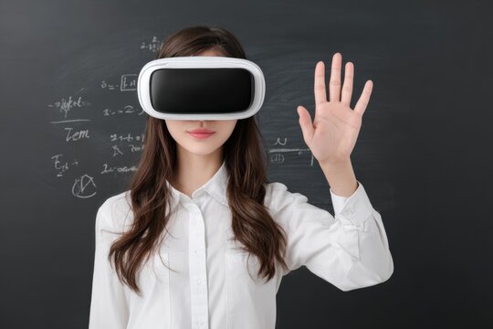 Young woman using vr headset in front of a blackboard with mathematical formulas, experiencing immersive learning