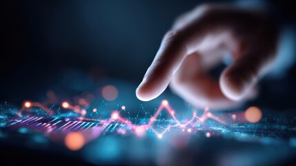 Finger Touching Glowing Data Visualization on Digital Tablet.