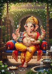 ganpati sitting on couch eating modak ,  ganpati sitting on chair eating modak ,  