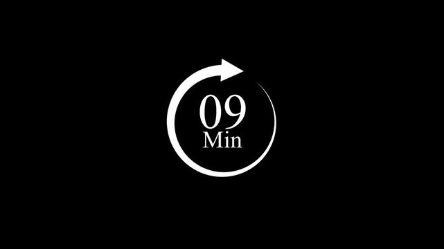 white circular 09 minute icon with an arrow on a black background, representing nonstop service and availability,4k video animation .