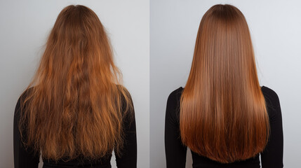 Fototapeta premium Sick, dry, damaged hair treatment, before and after photos showing amazing results