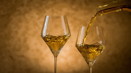 Pouring white wine into elegant crystal glasses against golden background