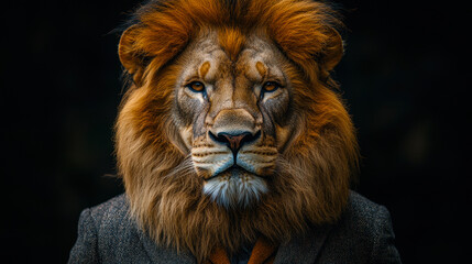 Naklejka premium Lion in Suit Corporate Portrait, Majestic Animal Business Concept, Powerful CEO Professional Theme, Leadership and Strength Symbol, Unique Animal Photography
