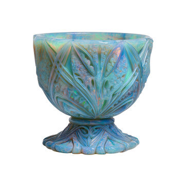 Intricate Carved Opal Glass Goblet, Victorian Style, Blue and Green Hues