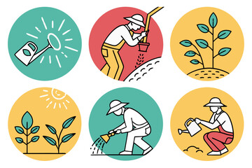 Gardening icons showing plant care, watering, and growth