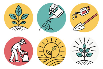 Gardening icons showing plant care, watering, and growth