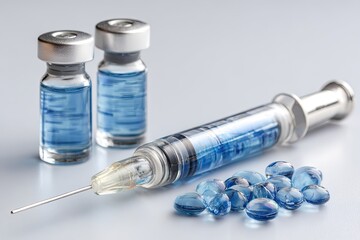 Medical vials, syringe, and pills. 