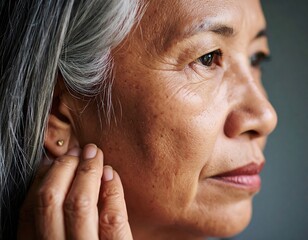 Fototapeta premium Close-up portrait of a thoughtful senior woman