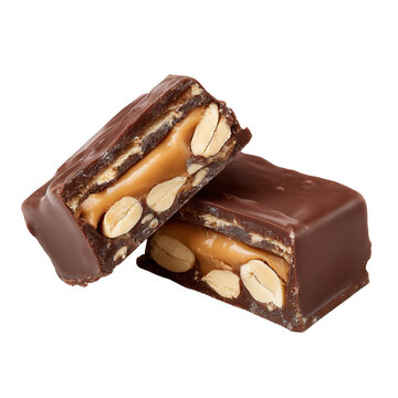 photograph of square shaped snickers chocolate cut in half with peanuts and caramel and peanut butter inside on a transparent background