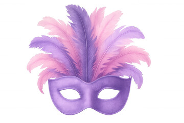 Ornate purple carnival mask featuring pink and violet feathered details, highlighting intricate masquerade design against transparent backdrop
