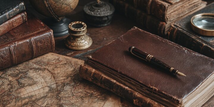 Antike B&uuml;cher, eine Feder und eine Lupe liegen auf einem alten Schreibtisch, die Geschichte und Wissen symbolisieren.