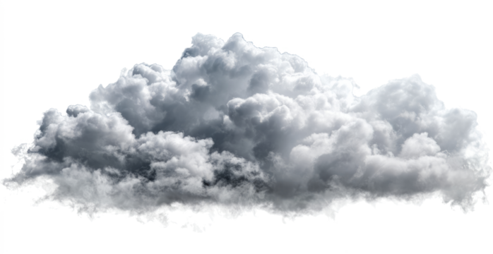 Isolated fluffy grey cloud with realistic texture, ideal for digital compositing, weather graphics, or abstract nature-themed designs, providing a clean atmospheric element.