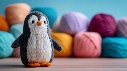 Colorful yarns and a knitted penguin figurine create a cozy crafting atmosphere in a well-lit workspace