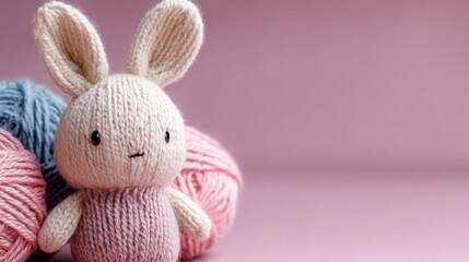 Knitted bunny toy surrounded by colorful yarn balls on a pastel background during a crafting session