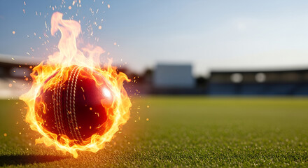 Fiery cricket ball with flames on a green field background, Cricket  World Cup