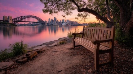 Sunrise over Sydney Harbour, park bench