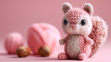 Cute knitted squirrel toy with yarn and nuts on a pink background in a cozy craft setting