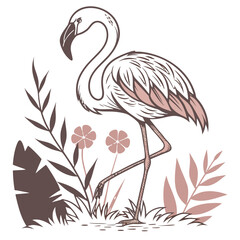 Flamingo standing gracefully among tropical plants isolated on white background