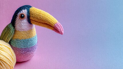Colorful knitted toucan sitting on a pastel backdrop with yarn in the foreground