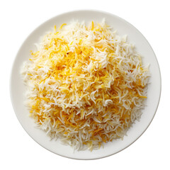 plate of Biryani Rice, white plate, isolated, no background, shot from above, as realistic as possible, bright light condition 
