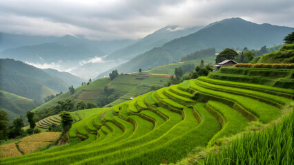 Fototapeta premium Lush green rice terraces cascade down misty mountains under a cloudy sky full hd 4k stock image download